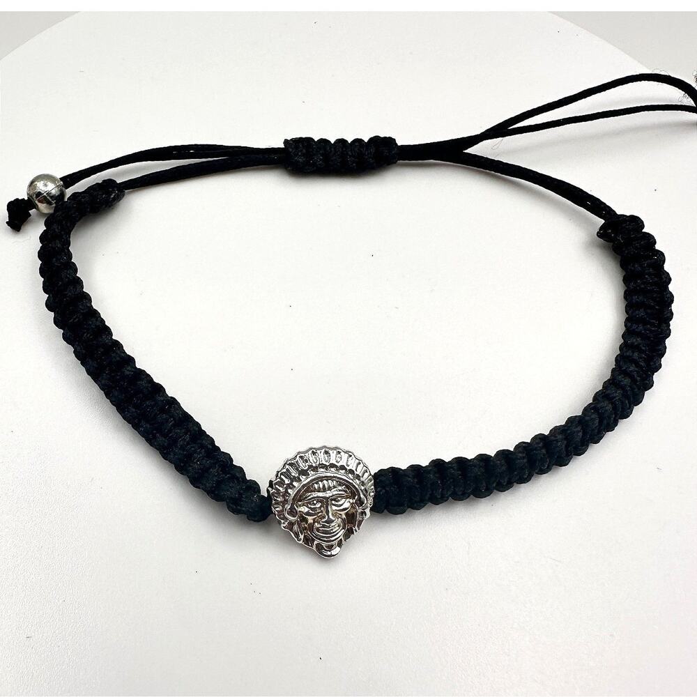 Vintage 90s Silver Tone Native American Chief Head Black Braided Cord Bracelet